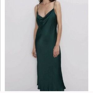 Zara Hunter Green Maxi Cowl Neck Slip Dress XS